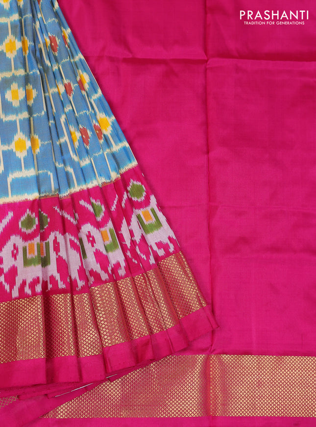 Ikat silk kids lehenga teal blue and pink with allover ikat weaves and long ikat woven zari border