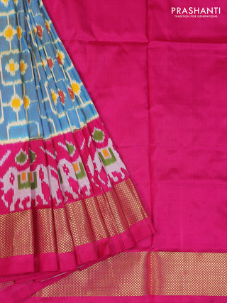 Ikat silk kids lehenga teal blue and pink with allover ikat weaves and long ikat woven zari border