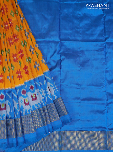 Ikat silk kids lehenga mango yellow and cs blue with allover ikat weaves and long ikat woven zari border