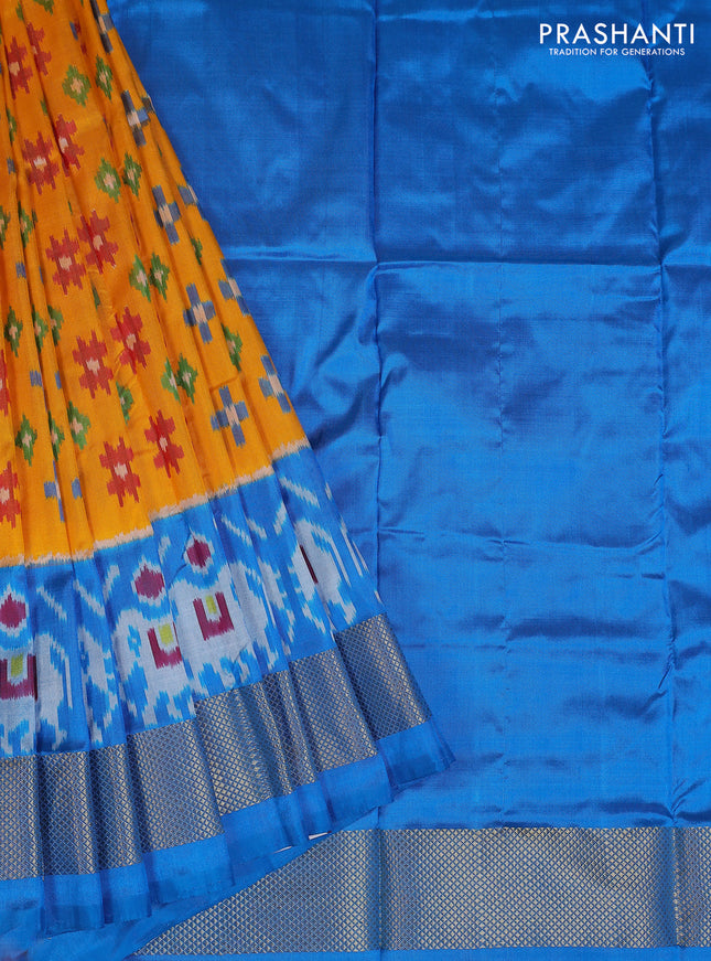 Ikat silk kids lehenga mango yellow and cs blue with allover ikat weaves and long ikat woven zari border