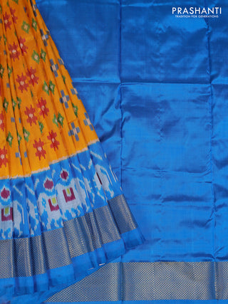 Ikat silk kids lehenga mango yellow and cs blue with allover ikat weaves and long ikat woven zari border