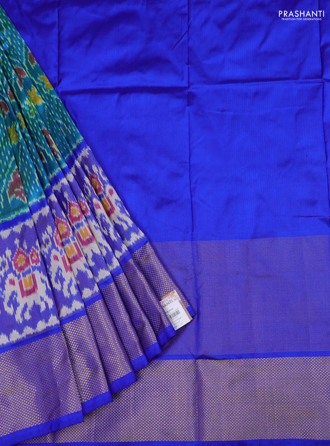 Ikat silk kids lehenga teal blue and royal blue with allover ikat weaves and long ikat woven zari border