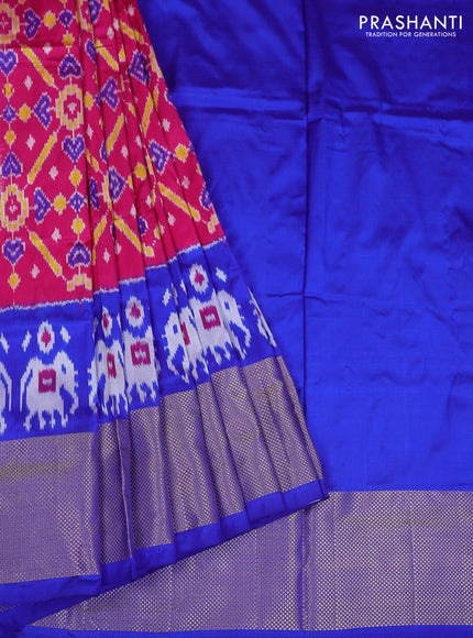 Ikat silk kids lehenga pink and blue with allover ikat weaves and long ikat woven zari border