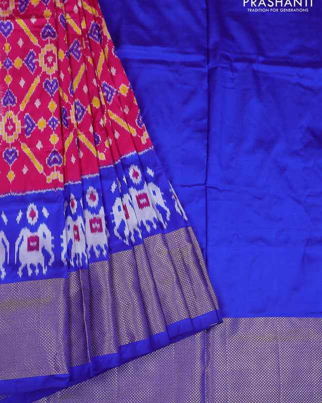 Ikat silk kids lehenga pink and blue with allover ikat weaves and long ikat woven zari border