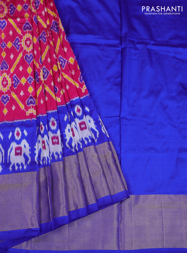 Ikat silk kids lehenga pink and blue with allover ikat weaves and long ikat woven zari border