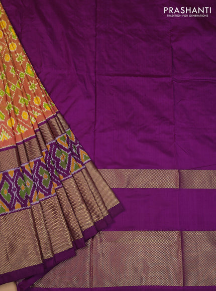 Ikat silk kids lehenga pink shade and violet with allover ikat weaves and long ikat woven zari border