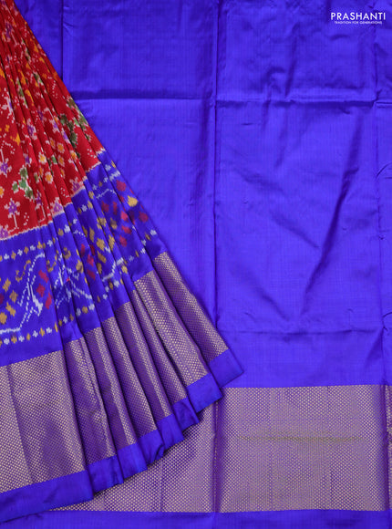 Ikat silk kids lehenga red and blue with allover ikat weaves and long zari woven border