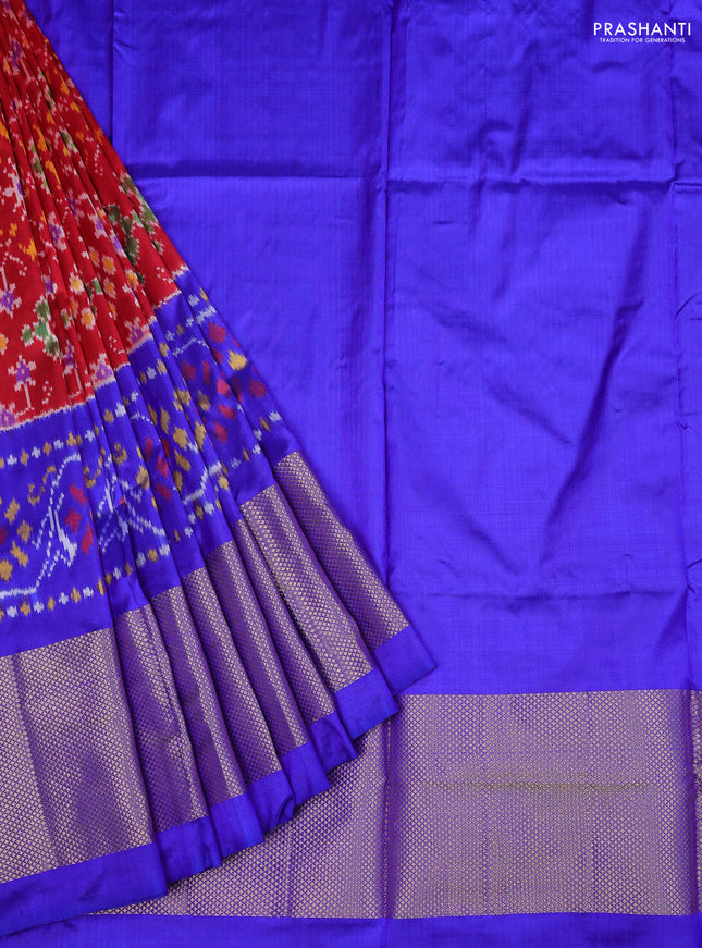 Ikat silk kids lehenga red and blue with allover ikat weaves and long zari woven border