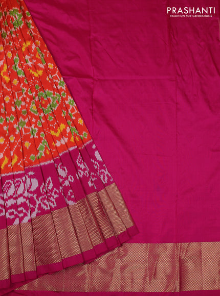 Ikat silk kids lehenga orange and pink with allover ikat weaves and long ikat woven zari border
