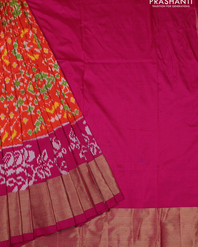 Ikat silk kids lehenga orange and pink with allover ikat weaves and long ikat woven zari border