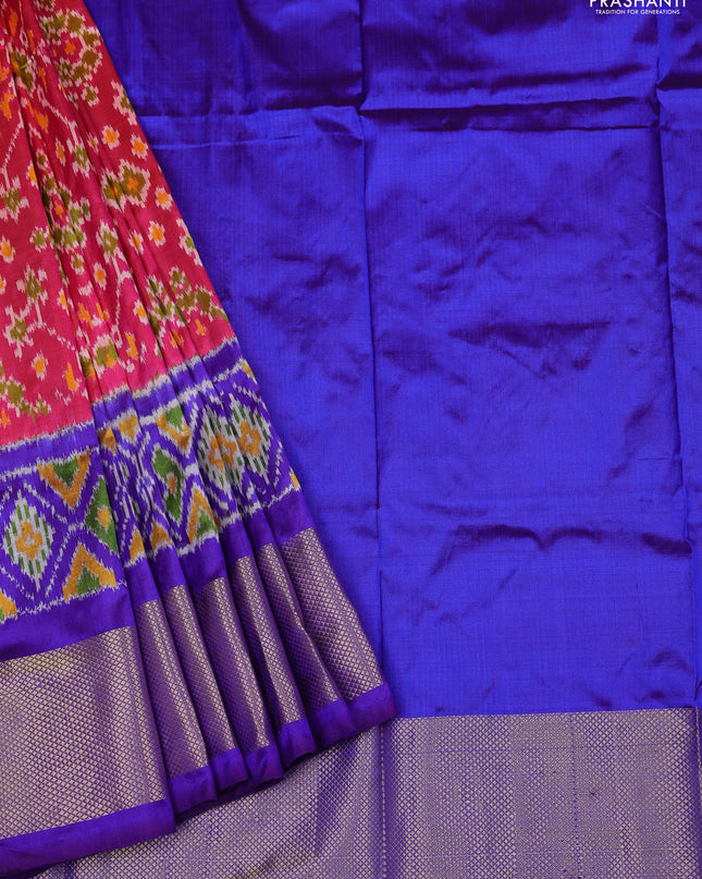 Ikat silk kids lehenga pink and blue with allover ikat weaves and long ikat woven zari border