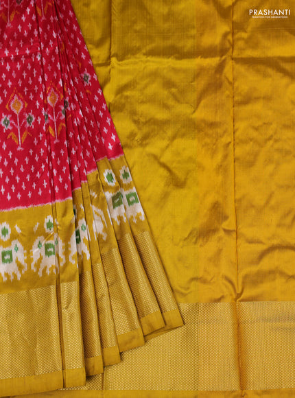 Ikat silk kids lehenga red and mustard yellow with allover ikat weaves and long ikat woven zari border