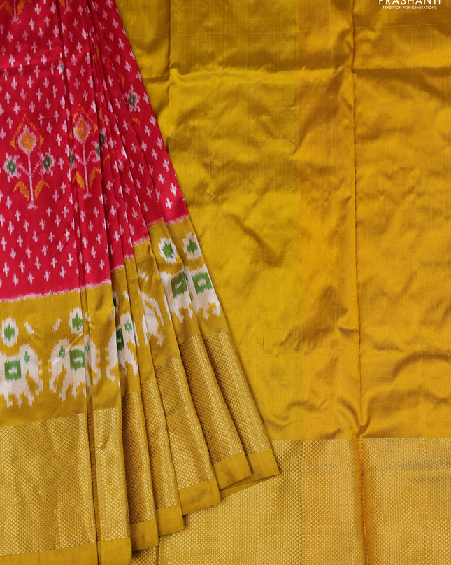 Ikat silk kids lehenga red and mustard yellow with allover ikat weaves and long ikat woven zari border