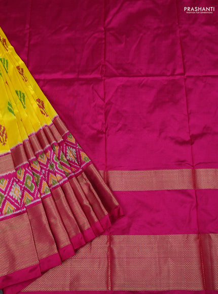 Ikat silk kids lehenga lime yellow and pink with ikat butta weaves and long ikat woven zari border