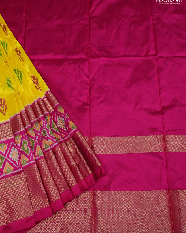 Ikat silk kids lehenga lime yellow and pink with ikat butta weaves and long ikat woven zari border