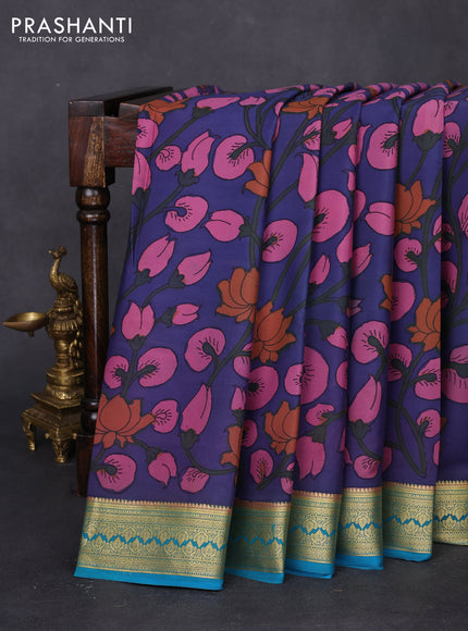 Pure mysore silk saree blue and teal blue with allover pen kalamkari prints and zari woven border