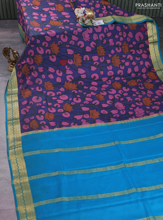 Pure mysore silk saree blue and teal blue with allover pen kalamkari prints and zari woven border