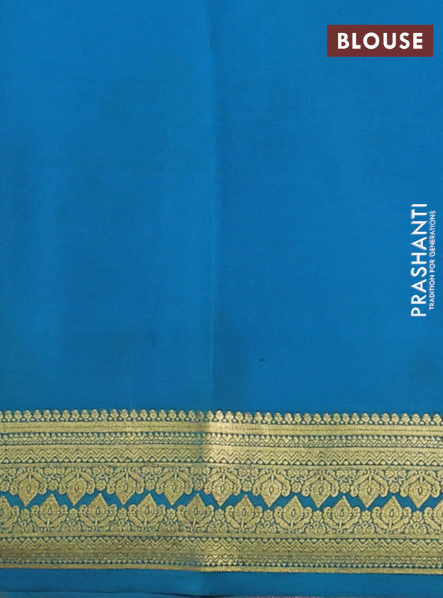 Pure mysore silk saree blue and teal blue with allover pen kalamkari prints and zari woven border