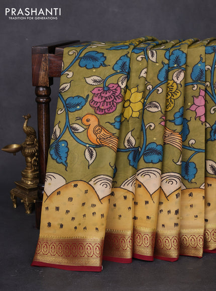 Pure mysore silk saree mehendi green and maroon with allover pen kalamkari prints and zari woven border