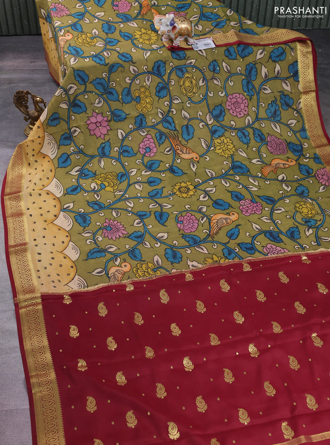 Pure mysore silk saree mehendi green and maroon with allover pen kalamkari prints and zari woven border