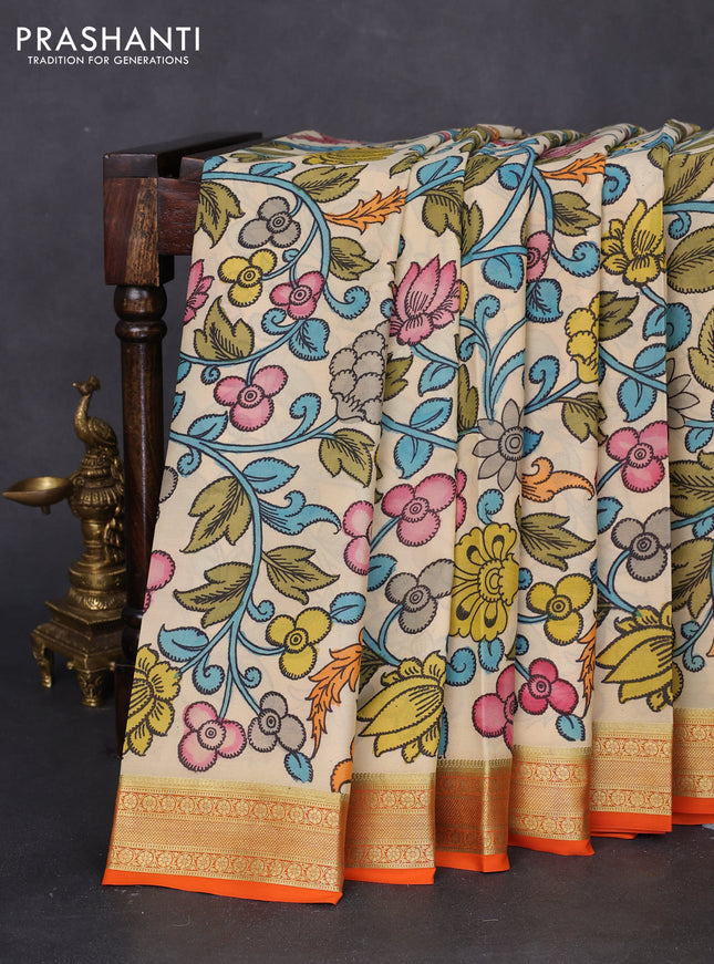 Pure mysore silk saree cream and orange with allover pen kalamkari prints and zari woven border