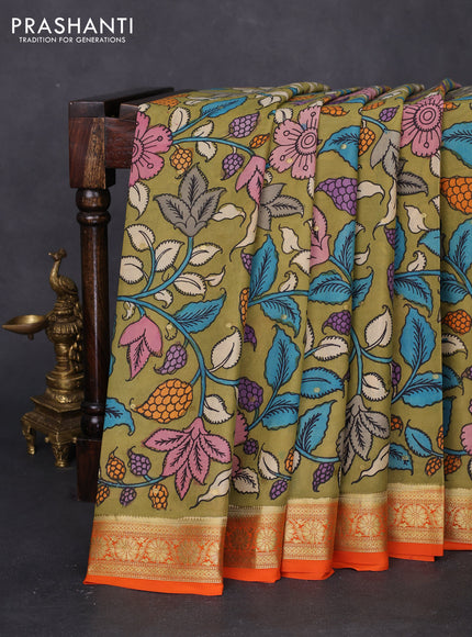 Pure mysore silk saree mehendi green and orange with allover pen kalamkari prints and zari woven border
