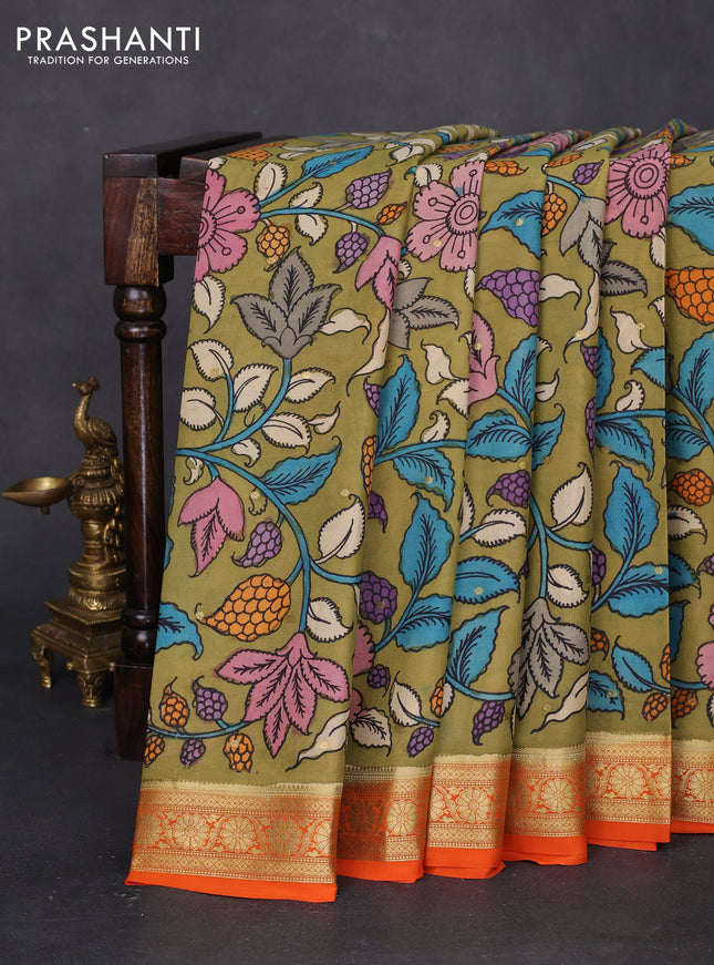 Pure mysore silk saree mehendi green and orange with allover pen kalamkari prints and zari woven border