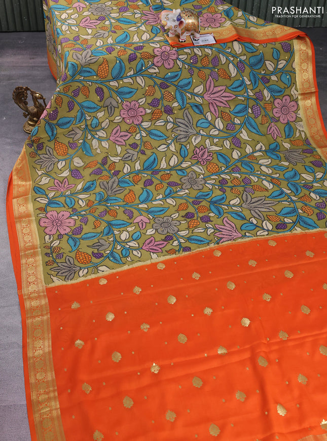 Pure mysore silk saree mehendi green and orange with allover pen kalamkari prints and zari woven border