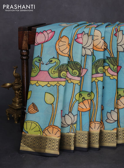 Pure mysore silk saree teal blue and black with allover pen kalamkari prints and zari woven border