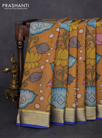 Pure mysore silk saree dark sandal and blue with allover pen kalamkari prints and zari woven border