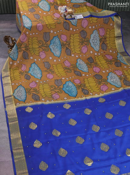Pure mysore silk saree dark sandal and blue with allover pen kalamkari prints and zari woven border