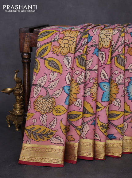 Pure mysore silk saree pastel pink and maroon with allover pen kalamkari prints and zari woven border