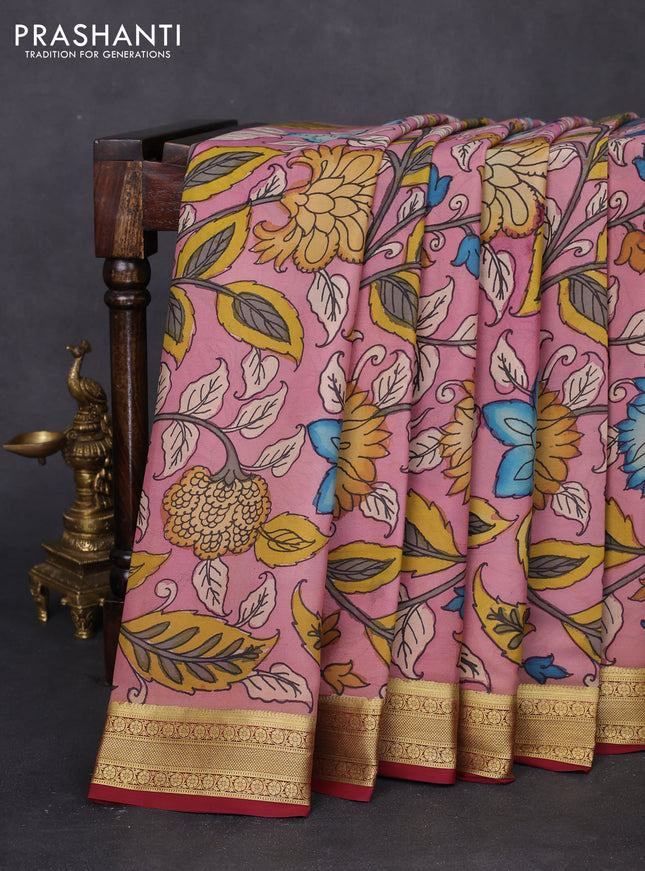 Pure mysore silk saree pastel pink and maroon with allover pen kalamkari prints and zari woven border