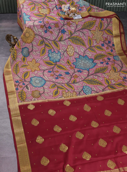 Pure mysore silk saree pastel pink and maroon with allover pen kalamkari prints and zari woven border