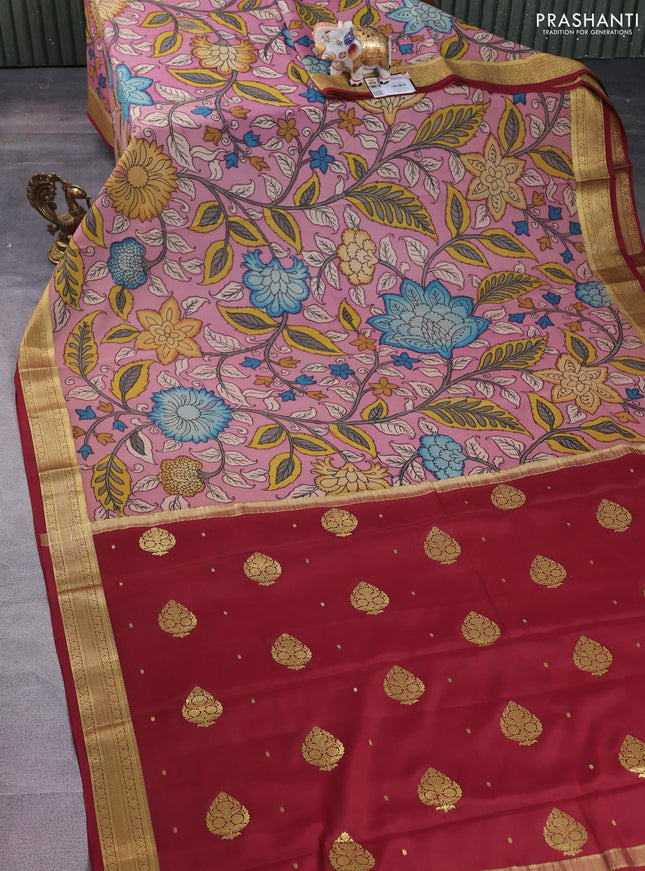 Pure mysore silk saree pastel pink and maroon with allover pen kalamkari prints and zari woven border