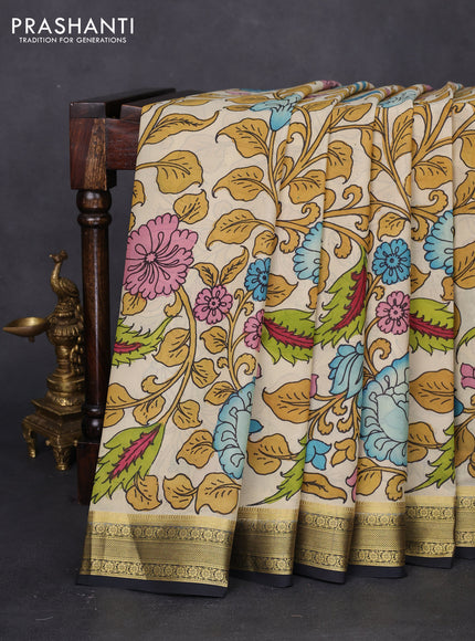 Pure mysore silk saree cream and black with allover pen kalamkari prints and zari woven border