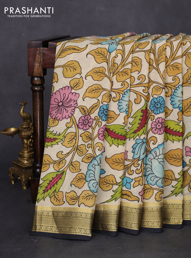 Pure mysore silk saree cream and black with allover pen kalamkari prints and zari woven border