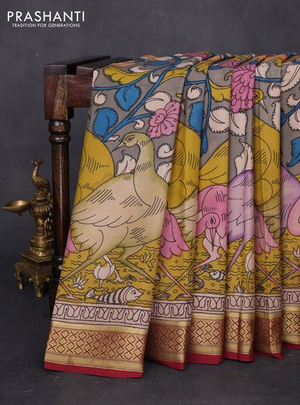 Pure mysore silk saree grey and maroon with allover pen kalamkari prints and zari woven border