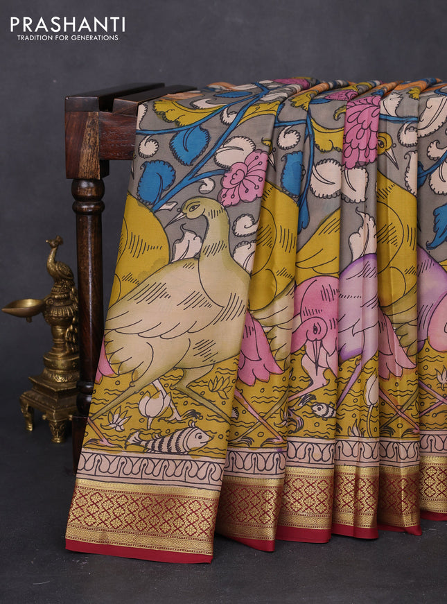 Pure mysore silk saree grey and maroon with allover pen kalamkari prints and zari woven border