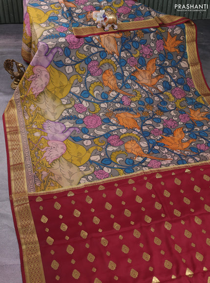 Pure mysore silk saree grey and maroon with allover pen kalamkari prints and zari woven border