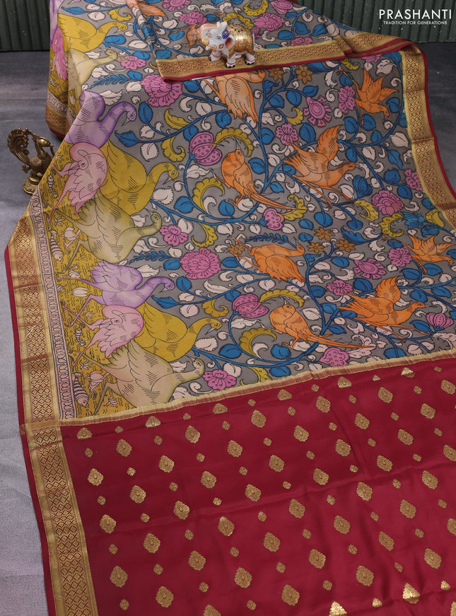 Pure mysore silk saree grey and maroon with allover pen kalamkari prints and zari woven border