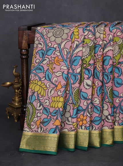 Pure mysore silk saree pastel pink and green with allover pen kalamkari prints and zari woven border