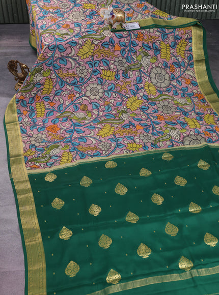 Pure mysore silk saree pastel pink and green with allover pen kalamkari prints and zari woven border