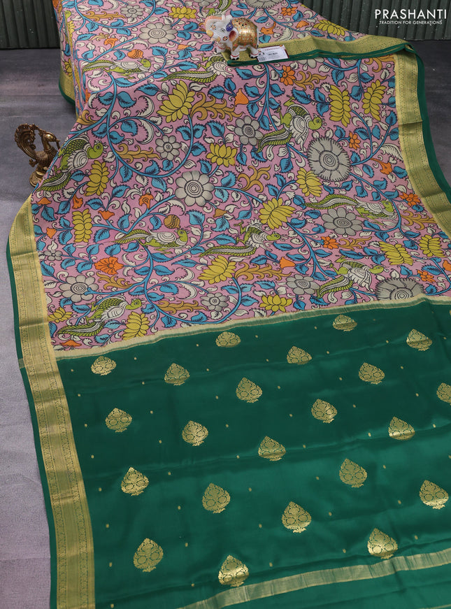 Pure mysore silk saree pastel pink and green with allover pen kalamkari prints and zari woven border