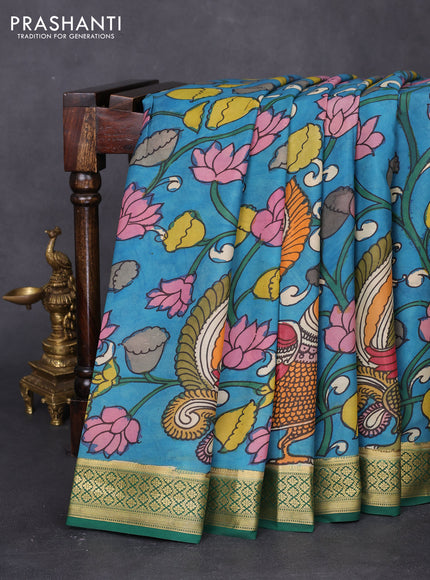 Pure mysore silk saree teal blue and green with allover pen kalamkari prints and zari woven border