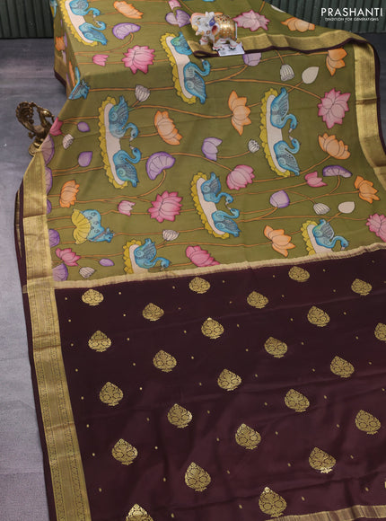 Pure mysore silk saree mehendi green and coffee brown with allover pen kalamkari prints and zari woven border