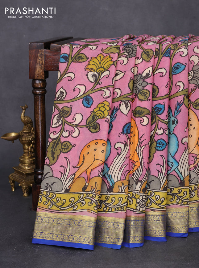 Pure mysore silk saree pastel pink with allover pen kalamkari prints and zari woven border