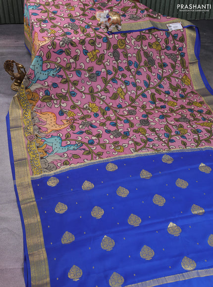 Pure mysore silk saree pastel pink with allover pen kalamkari prints and zari woven border