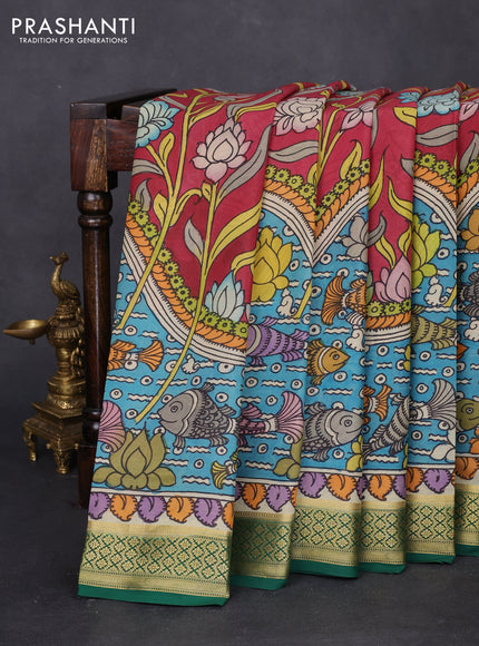 Pure mysore silk saree maroon and green with allover pen kalamkari prints and zari woven border