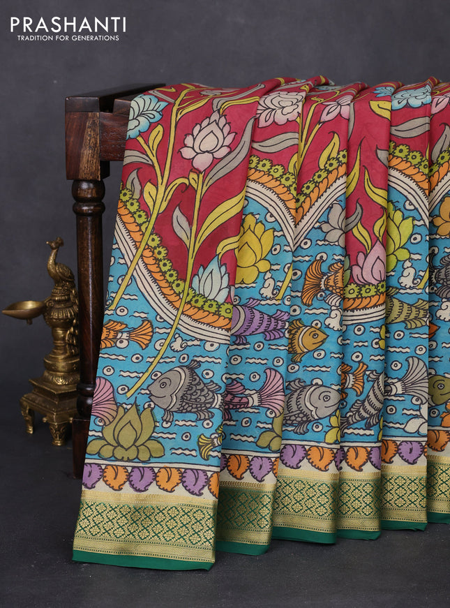 Pure mysore silk saree maroon and green with allover pen kalamkari prints and zari woven border
